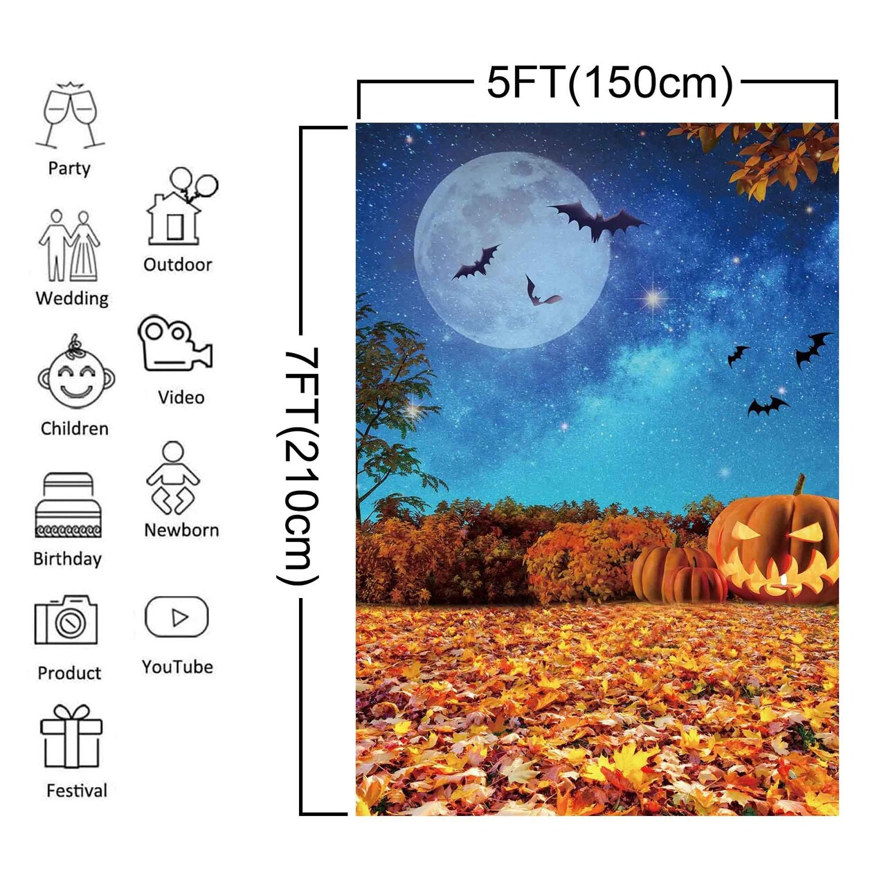 5x7ft Polyester Halloween Backdrop Moonlight Pumpkin Fallen Leaves Photography Background for Birthday Baby Shower Trick or Treat Party Decoration Banner Photo Studio Props